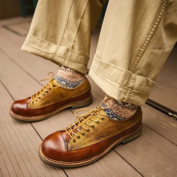 Роскошные ботинки из натуральной кожи с круглым носком на шнуровке, Мужские Повседневные зимние ботинки в стиле ретро, Мужская Модная Рабочая обувь смешанных цветов