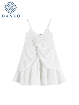Летнее женское новое белое платье на бретелях трапециевидной формы, Винтажный плиссированный дизайн в стиле пэчворк, Mori Girls, цельный асимметричный шик с V-образным вырезом