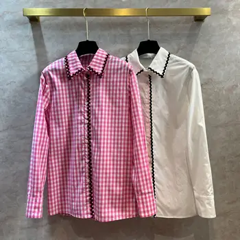 Новая рубашка в розово-белую клетку, женская однотонная лента, рубашка с волнистыми краями, топ sweet girl