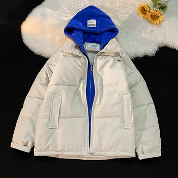 Зимняя куртка с подкладкой из искусственной кожи, мужские и женские парки, толстое теплое пальто из двух частей с капюшоном, негабаритная мешковатая бежевая модная уличная одежда
