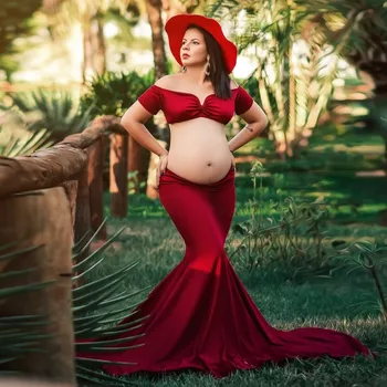 Темно-красные платья-двойки для беременных Для фотосессии Сексуальное платье Русалки с открытыми плечами, одежда для беременных, сшитая на заказ