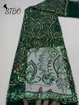 2023 Новая ткань африканского дизайна, высококачественные бусины ручной работы, сетчатое кружево, блестки для пошива вечернего платья
